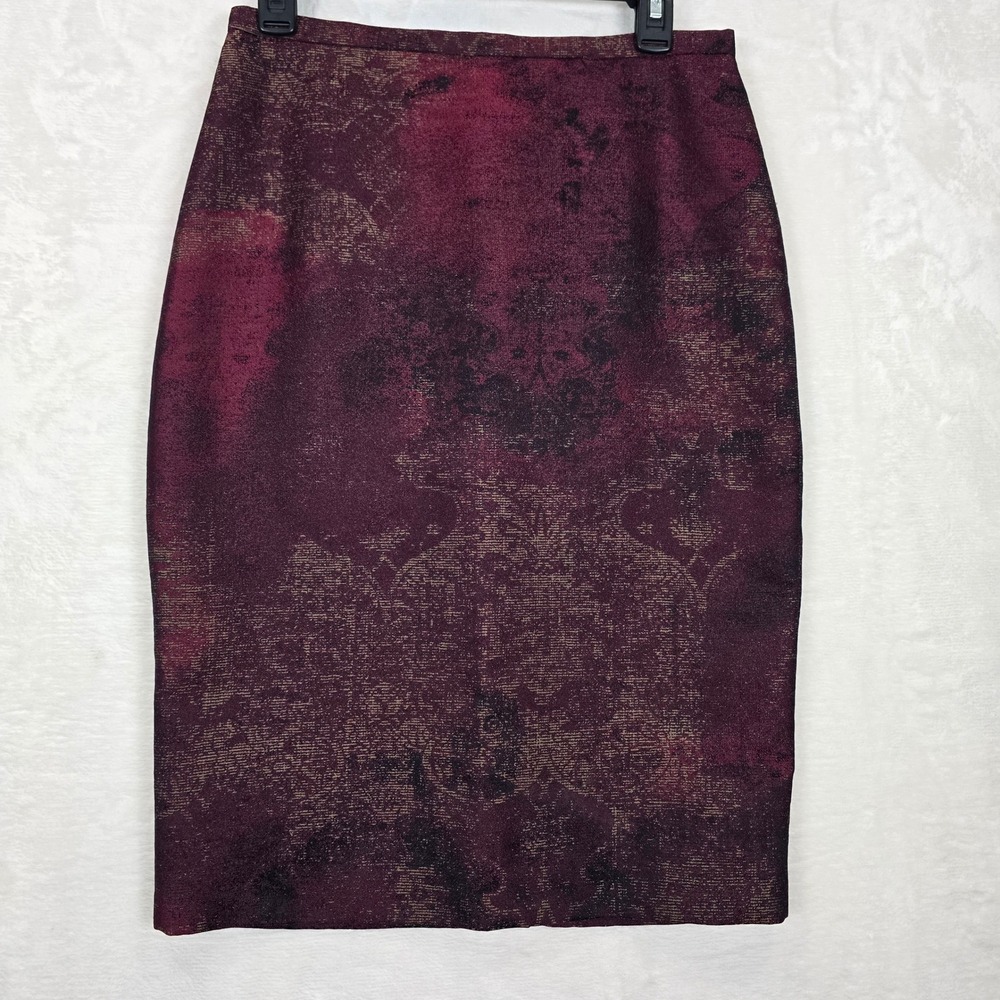 Max Mara Burgundy Gold Metallic Jacquard Pencil Skirt Italy Size 8 *Flawed*